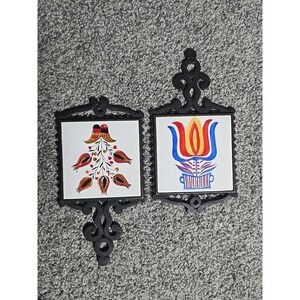 VINTAGE Pair Ucagco Tile & Cast Iron Footed Japanese Art Graphic Trivets